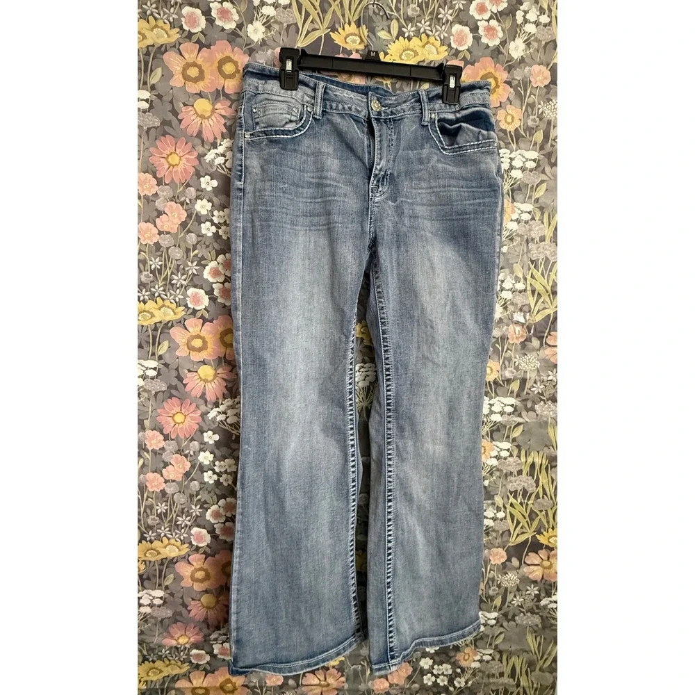 Womens Embellished Bootcut Jeans Light Wash Rhinestone Wings Size M